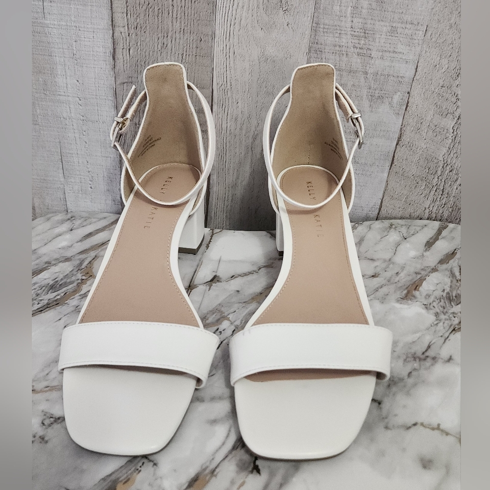Kelly & Katie White Ankle-Strap Block Heel Sandals with Single Toe Strap - Picture 2 of 8